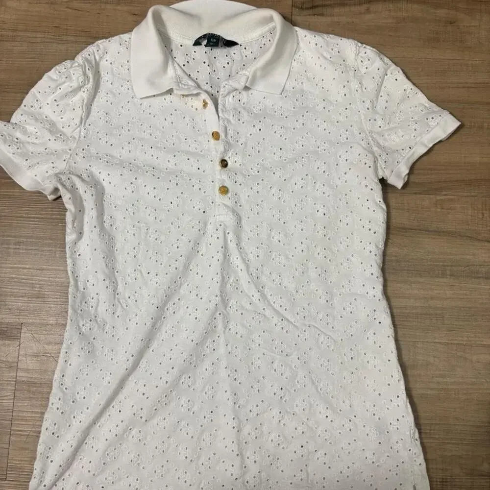 White eyelet polo top with